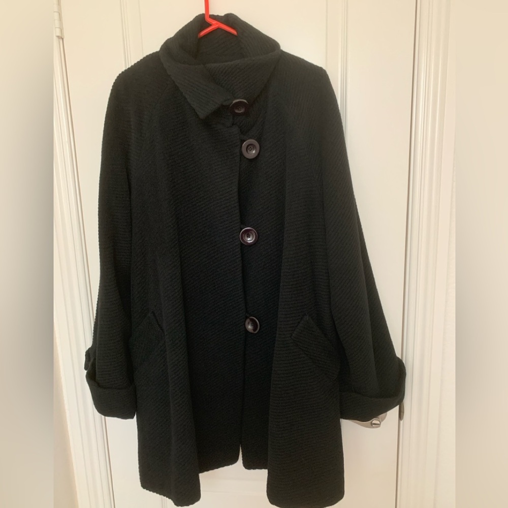 Max Studio Wool Angora Blend Black Swing Pea Coat Jacket Large L EUC